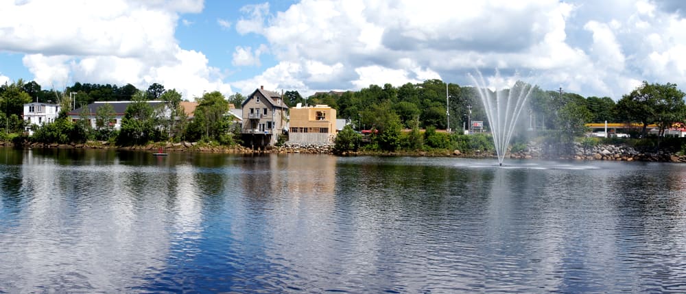 The LaHave River at Bridgewater, with the bridge and riverside houses