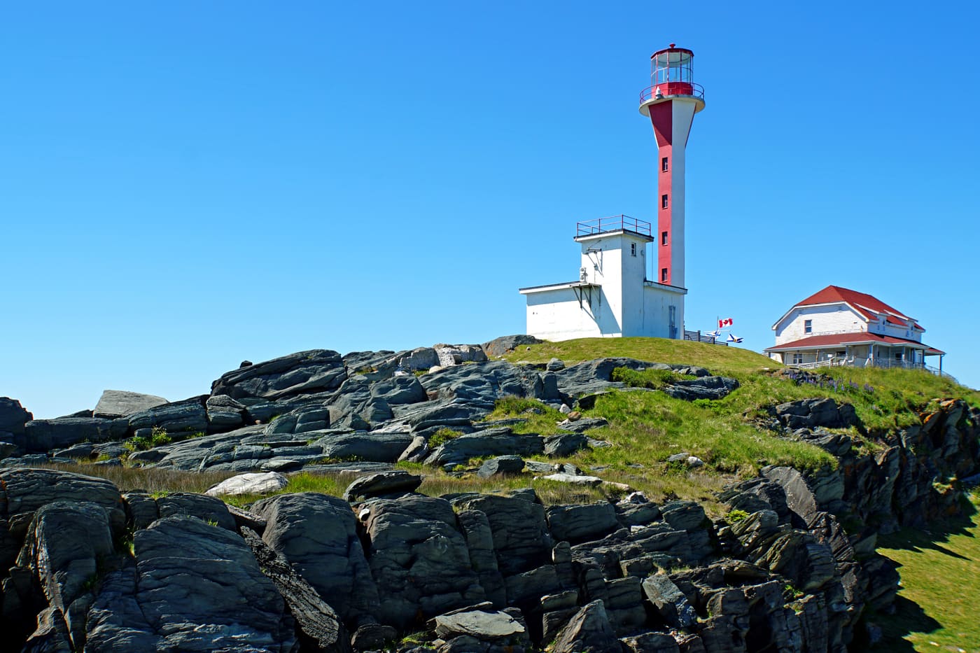 Cape Forchu lighthouse on its rocky point outside Yarmouth