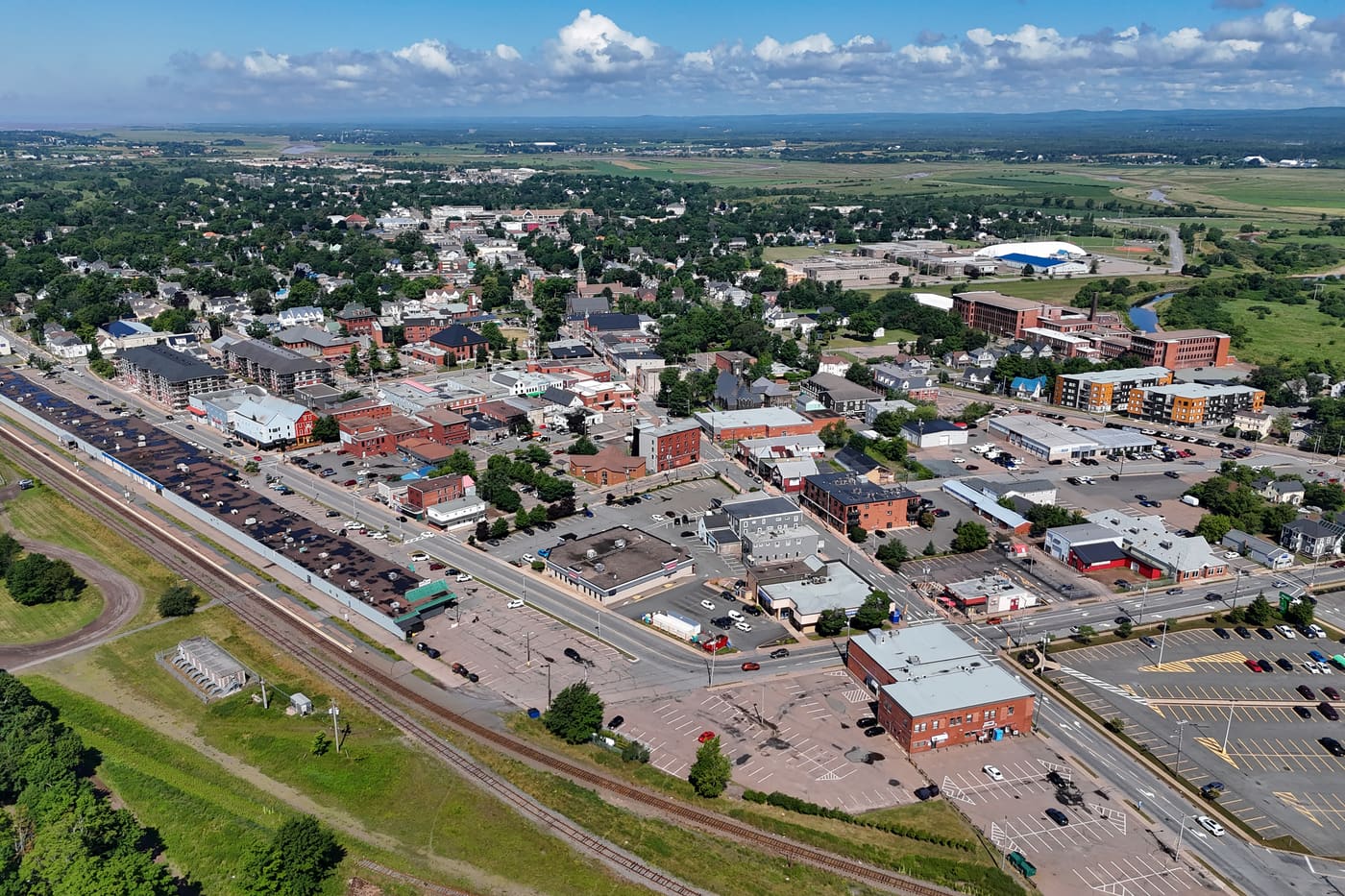 Truro, Nova Scotia from the air on a summer day, with the Salmon River marsh beyond